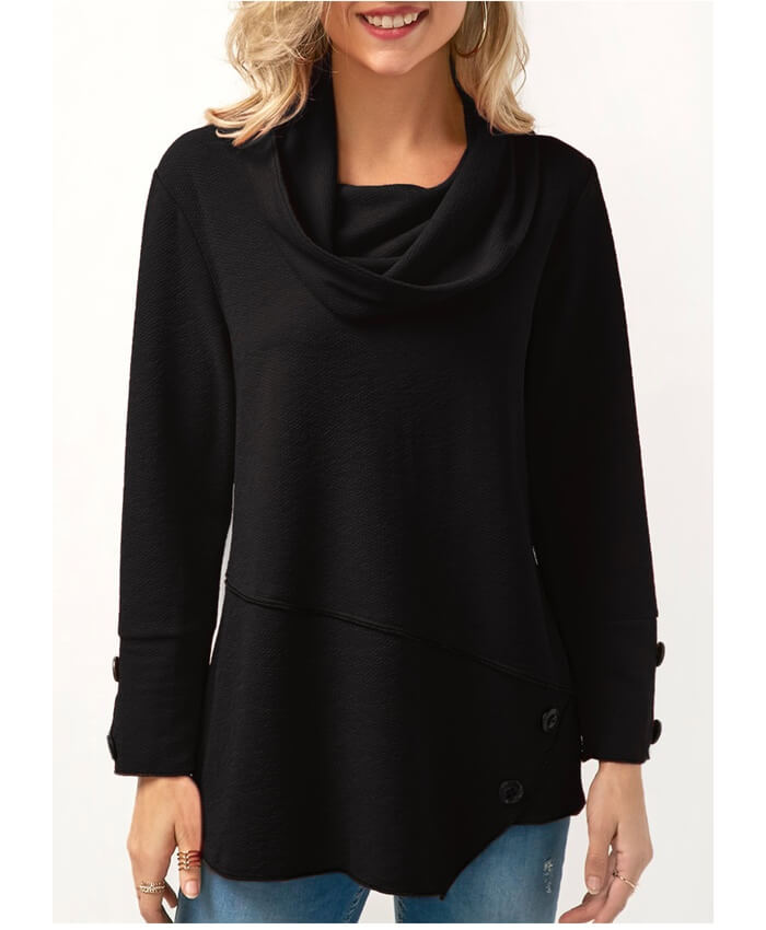 Asymmetric Hem Cowl Neck Long Sleeve Black Blouse